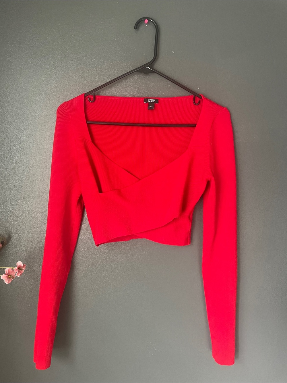 Express Body Contour Hot Pink Red Ribbed Wrap Front Cropped Sweater Size M